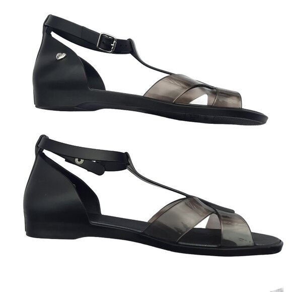 Mel By Melissa Black Jelly Sandals US 8 Ankle T Strap Flats EUR 39 - Picture 5 of 8